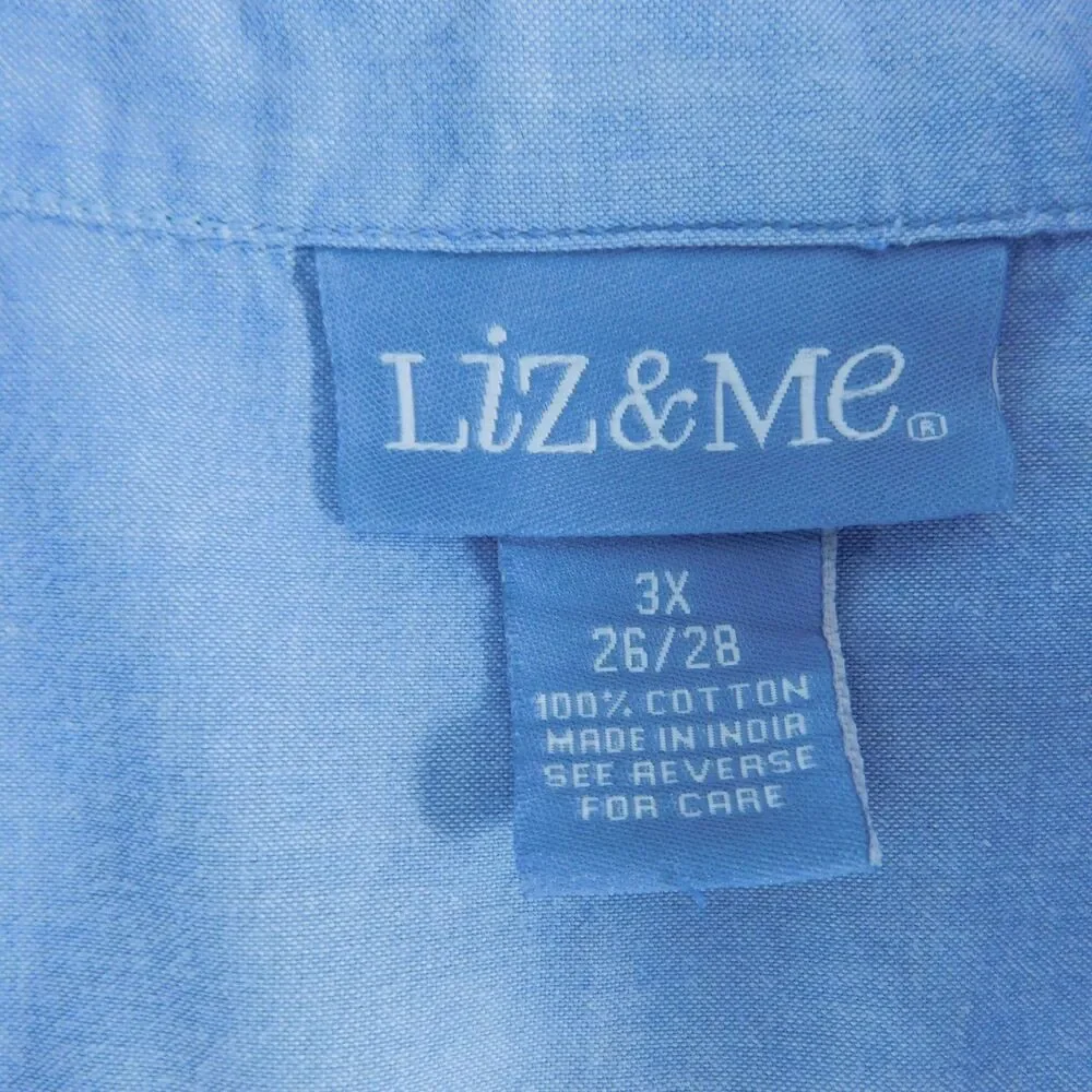 Liz & Me Blouse Shirt Button Up Blue Cotton Embellished Short Sleeve 3XL 26/28 ! - Picture 4 of 12